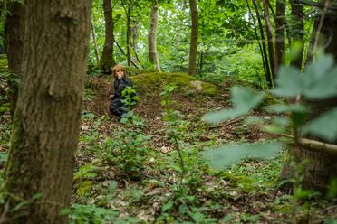 Skovgruppebørn i Lille-Gryn leger i skoven ved Svaneke på Bornholm.